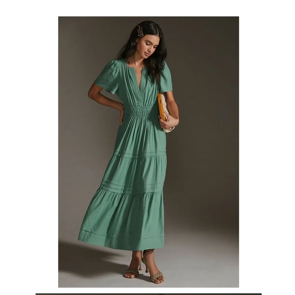 Green Sage Anthropologie Somerset Linen Blend Maxi Dress XL - Picture 6 of 7